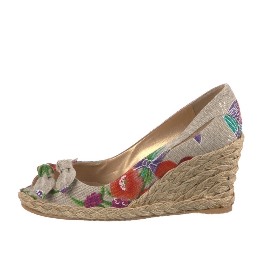 Stuart Weitzman Garden Linen Bow Peep Toe Espadrille Wedge Size 8